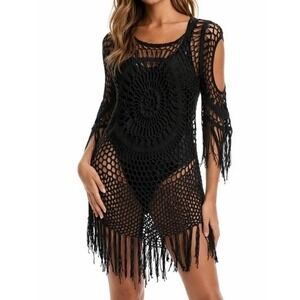 Badgley Mischka Black Crochet Fringe Swim Cover Up Dress Women's Sz XS